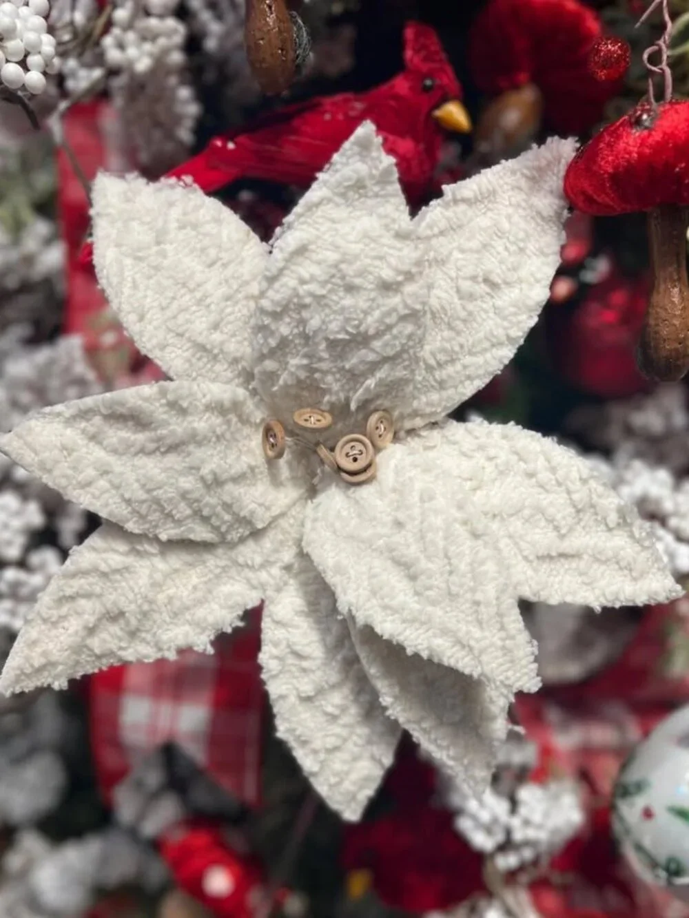 22 inch Winter Chalet White Poinsettia with Buttons Christmas Tree Accent Decor